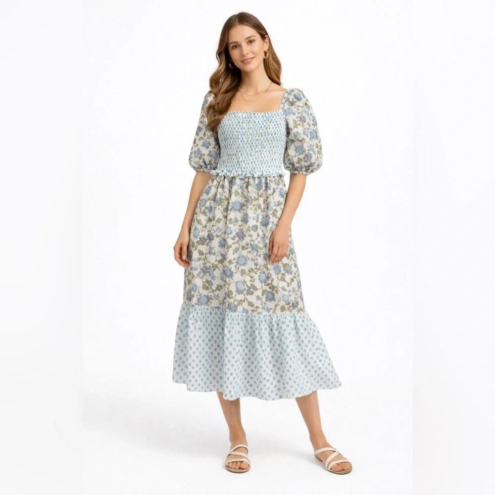 Taylor Floral Cottagecore Maxi Dress 10 White Blue Green Puff Sleeve Smocked
